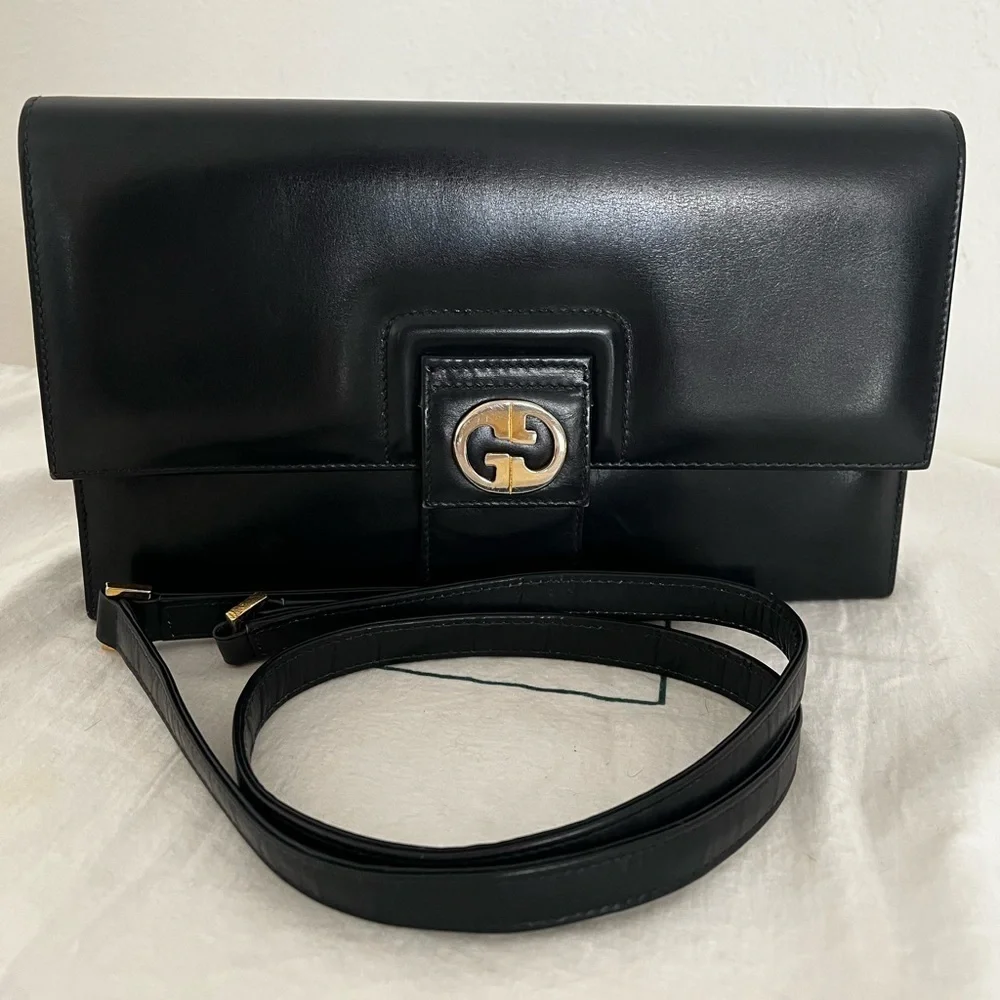 Rare Vintage Gucci Shoulder Clutch Bag Black Leather 1970s